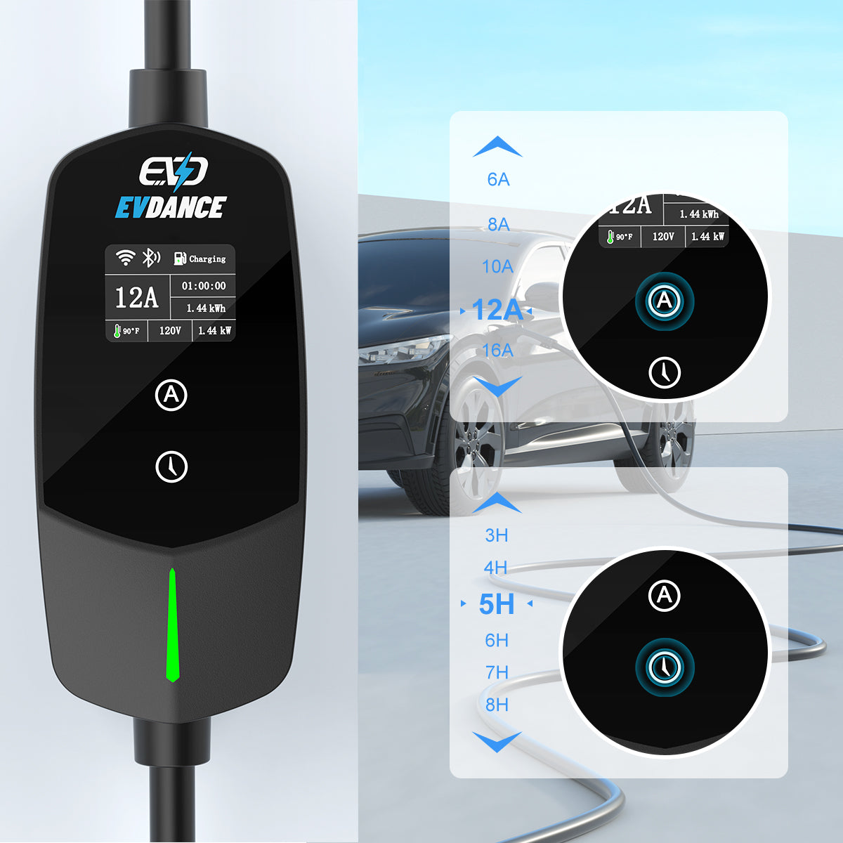 EVDANCE Flux Level 1 NEMA 5-15 Plug 12A J1772 Portable EV Charger