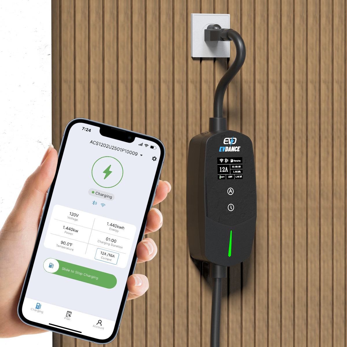 EVDANCE Flux Level 1 NEMA 5-15 Stecker 12A NACS Tragbares EV-Ladegerät