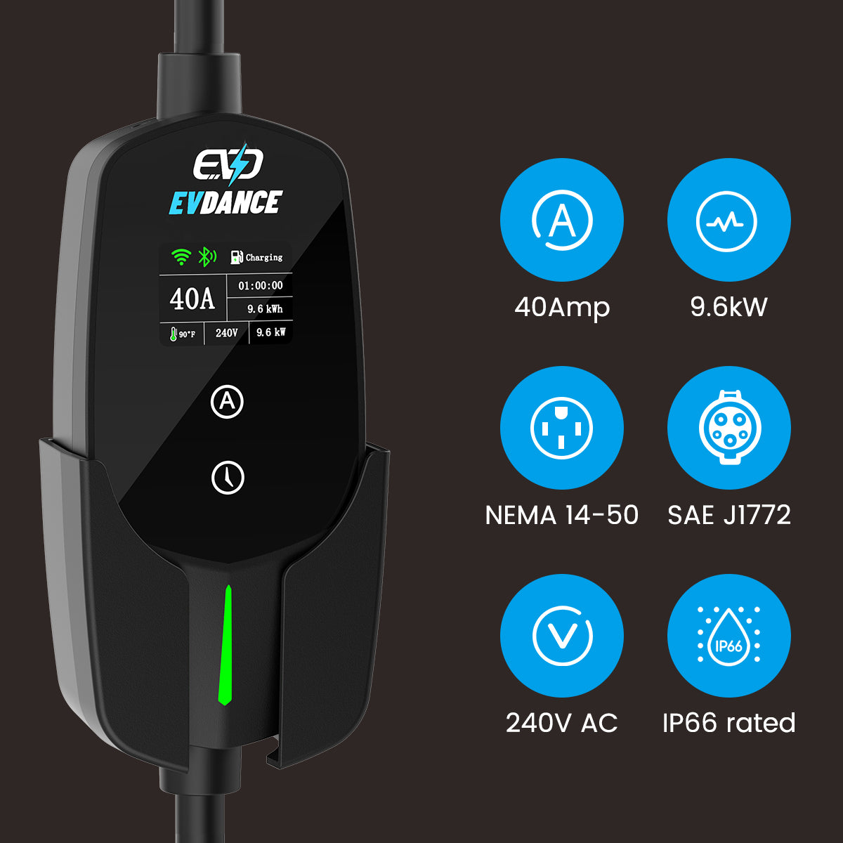 The EVDANCE Flux Level 2 NEMA 14-50 Plug 40A J1772 Portable Electric Vehicle (EV) Charger.