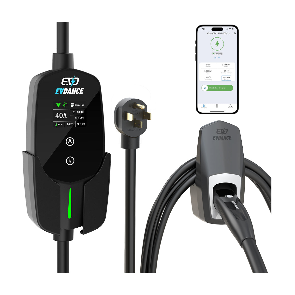 EVDANCE Flux Level 2 NEMA 14-50 40A Tesla Portable EV Charger Wifi Enabled