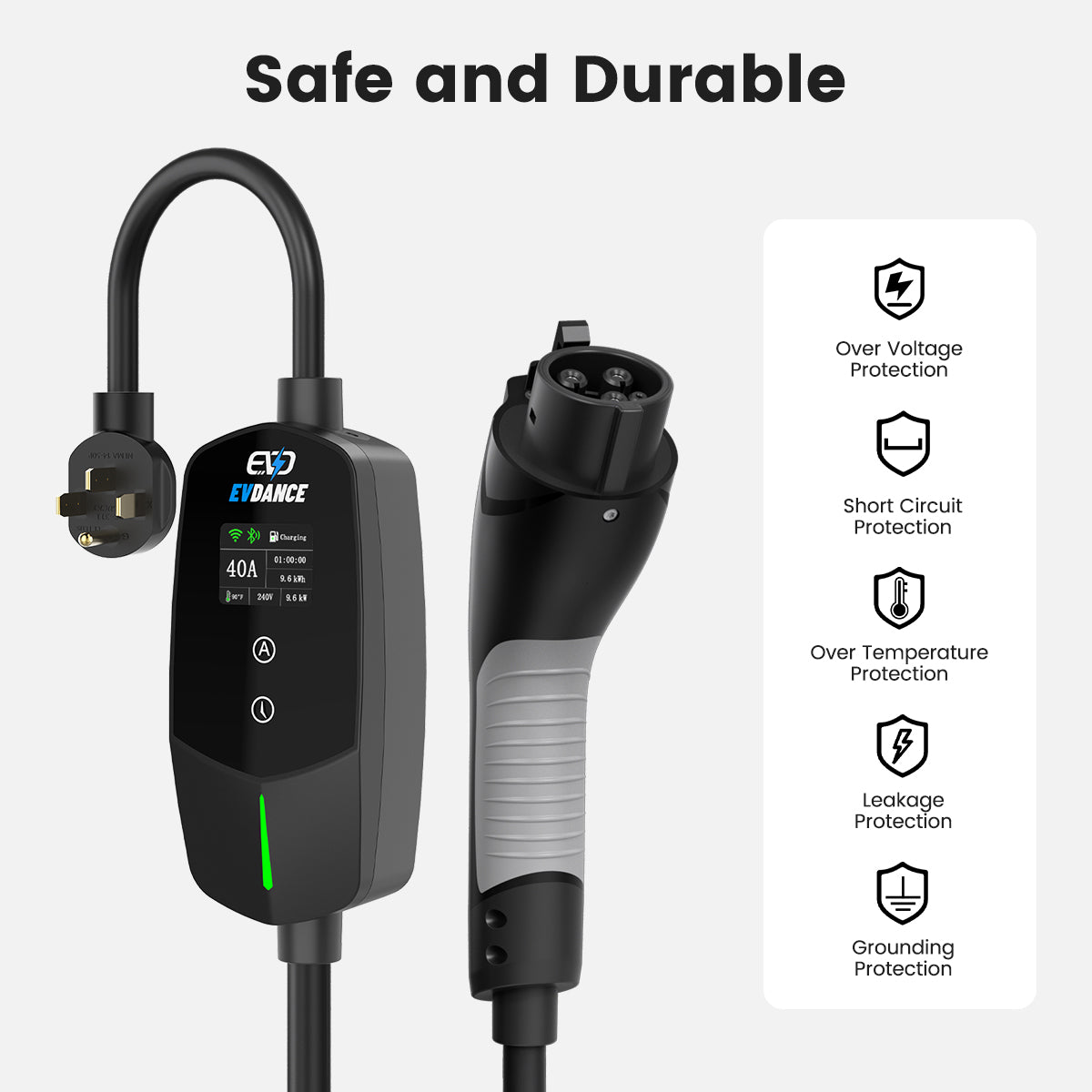 EVDANCE NEMA 14-50 Plug 40A J1772 Portable EV(Electric Vehicle) Charger has Over Voltage, short circuit portection, over temperature protection, leakage protection and grounding protection.