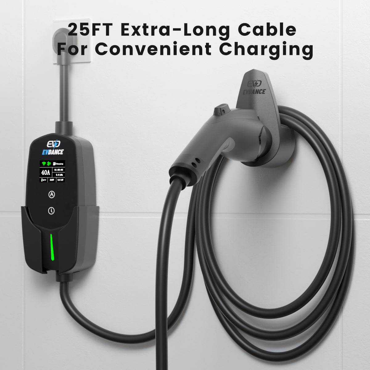 The EVDANCE Flux NEMA 14-50 Plug J1772 40A Portable EV Charger has 25FT extra-long cable for convenient charging.