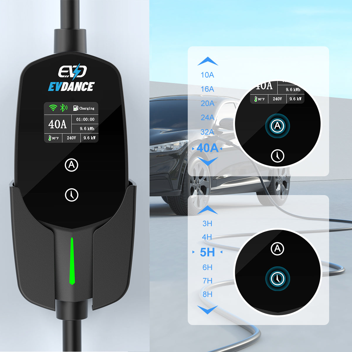 The EVDANCE Flux Level 2 NEMA 14-50 Plug 40A J1772 Portable Electric Vehicle (EV) Charger allows for adjustable current and deayed start charging of 0 to 12 hours