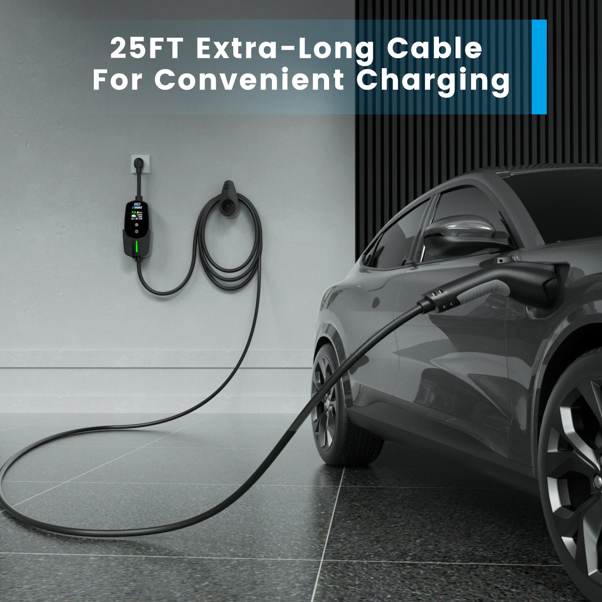 EVDANCE Flux Portable chargers hava 25FT extra-long cable for convenient charging.