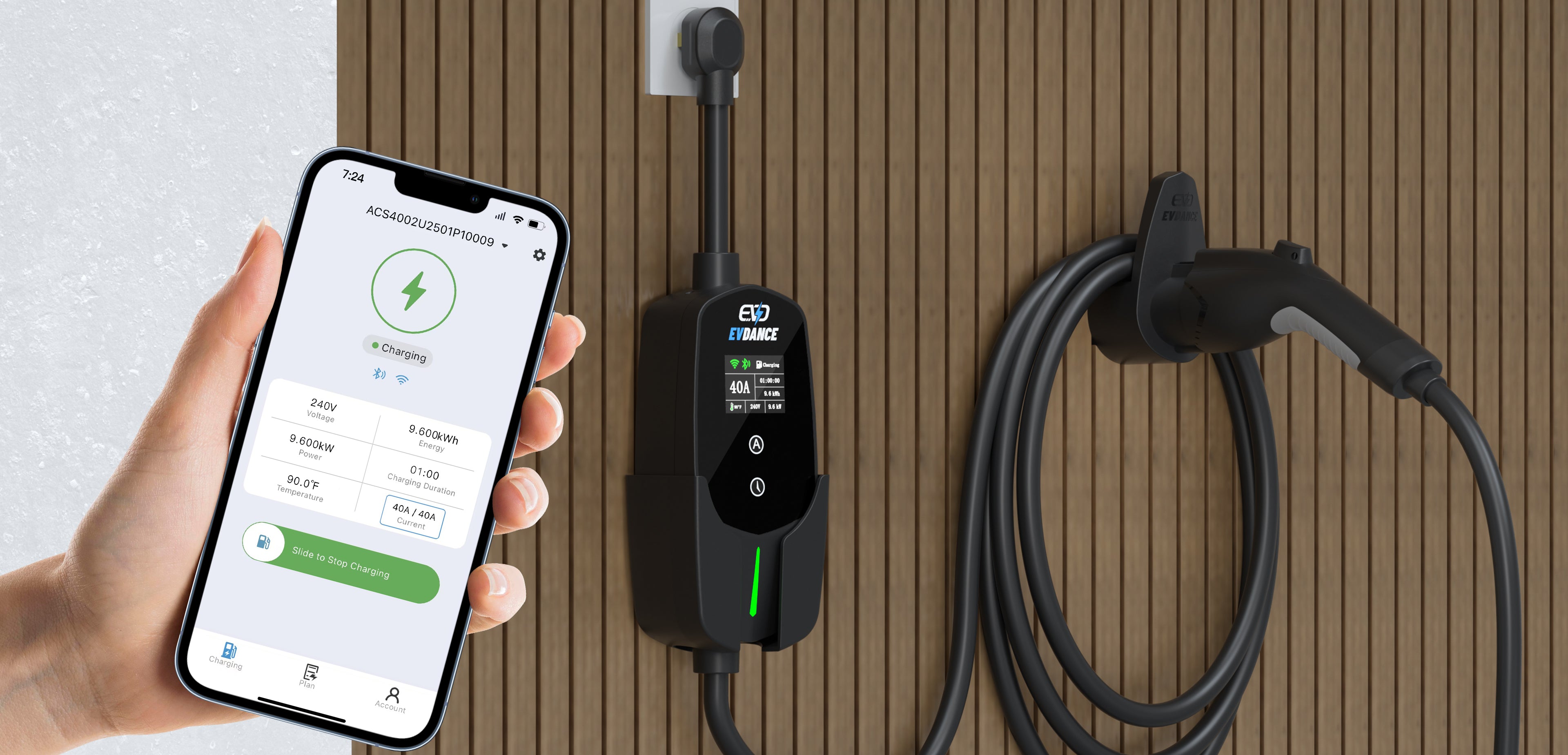 Control charging of the EVDANCE Flux 40A Portable Charger via the APP.
