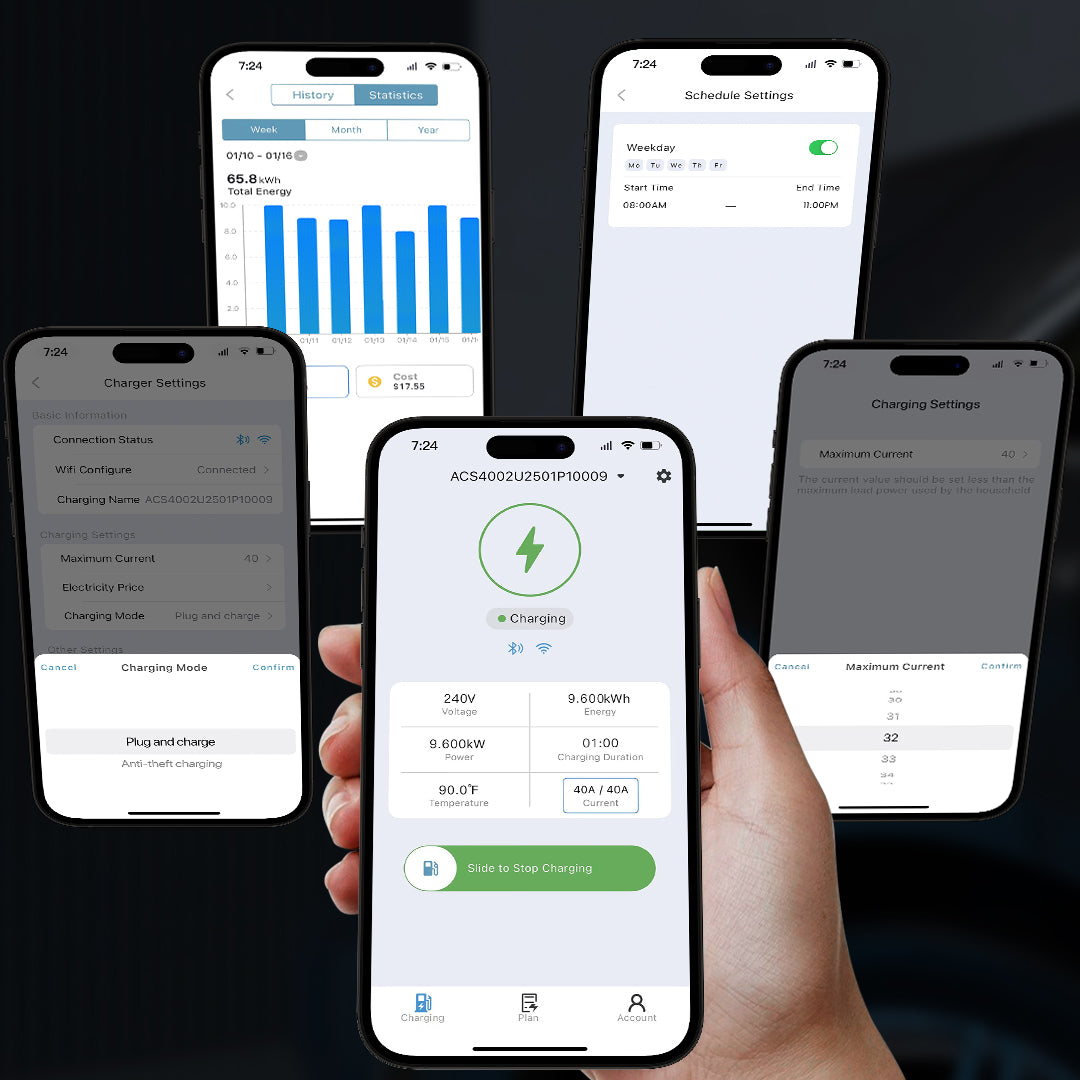 Demonstrate the EVDANCE APP's charging control, charging schedule, charging history, energy consumption, and electricity cost.
