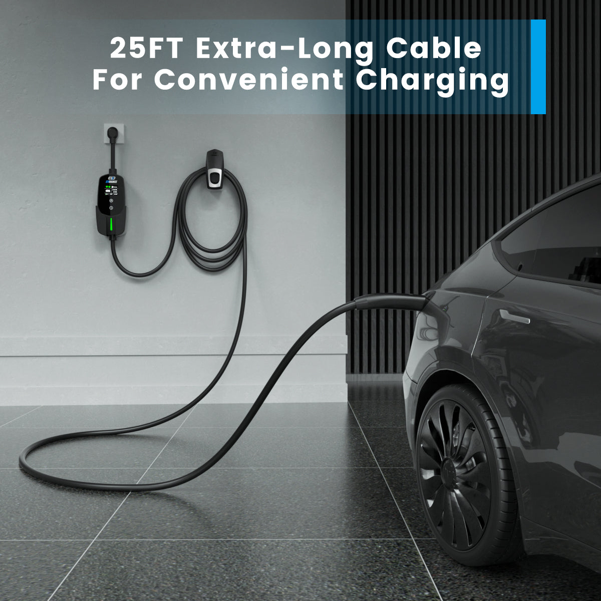 A Tesla Model Y parked in a garage charging with the EVDANCE Flux Tesla Portable Charger.