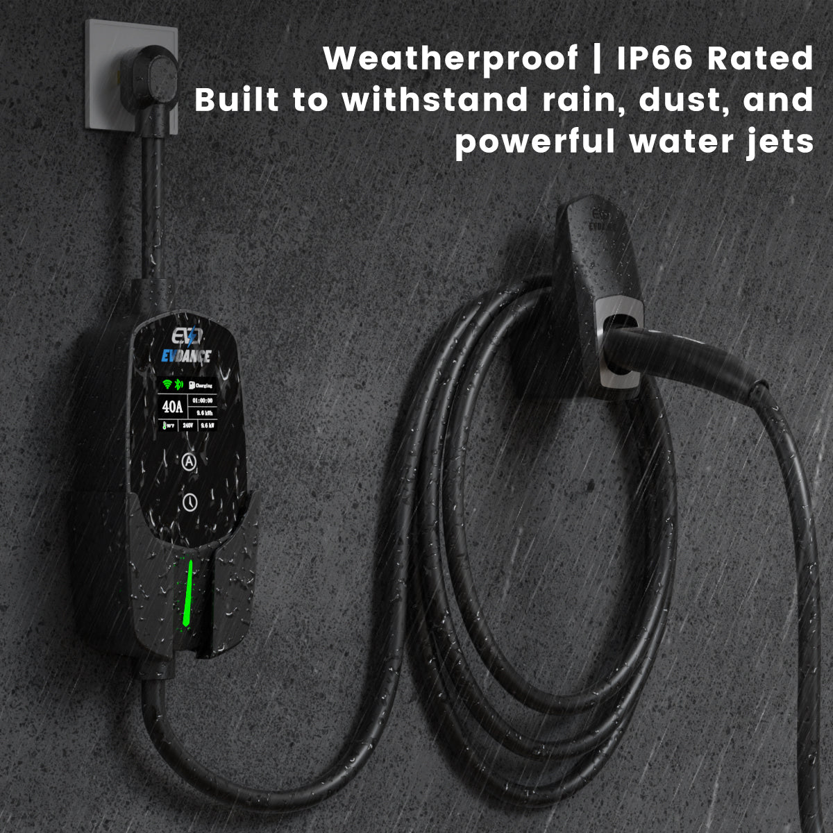 EVDANCE Flux Tesla Portable Charger in the rain.