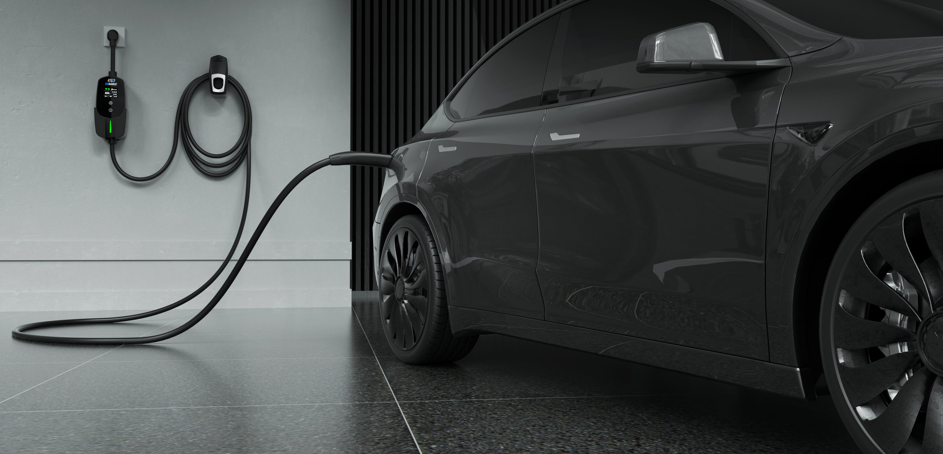 A Tesla Model Y parked in a garage charging with the EVDANCE Flux Tesla Portable Charger.