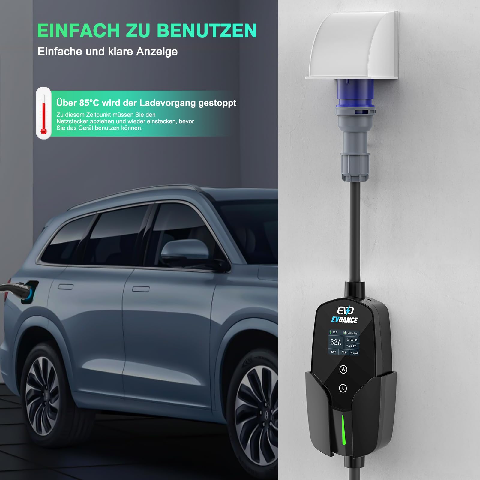 EVDANCE Tragbares/Wallbox Typ 2 Ladekabel Mit CEE Stecker 7.36kW, 1 Phase, 6.1m, 10/16/20/24/32A EINSTELLBAREM LADESTROM