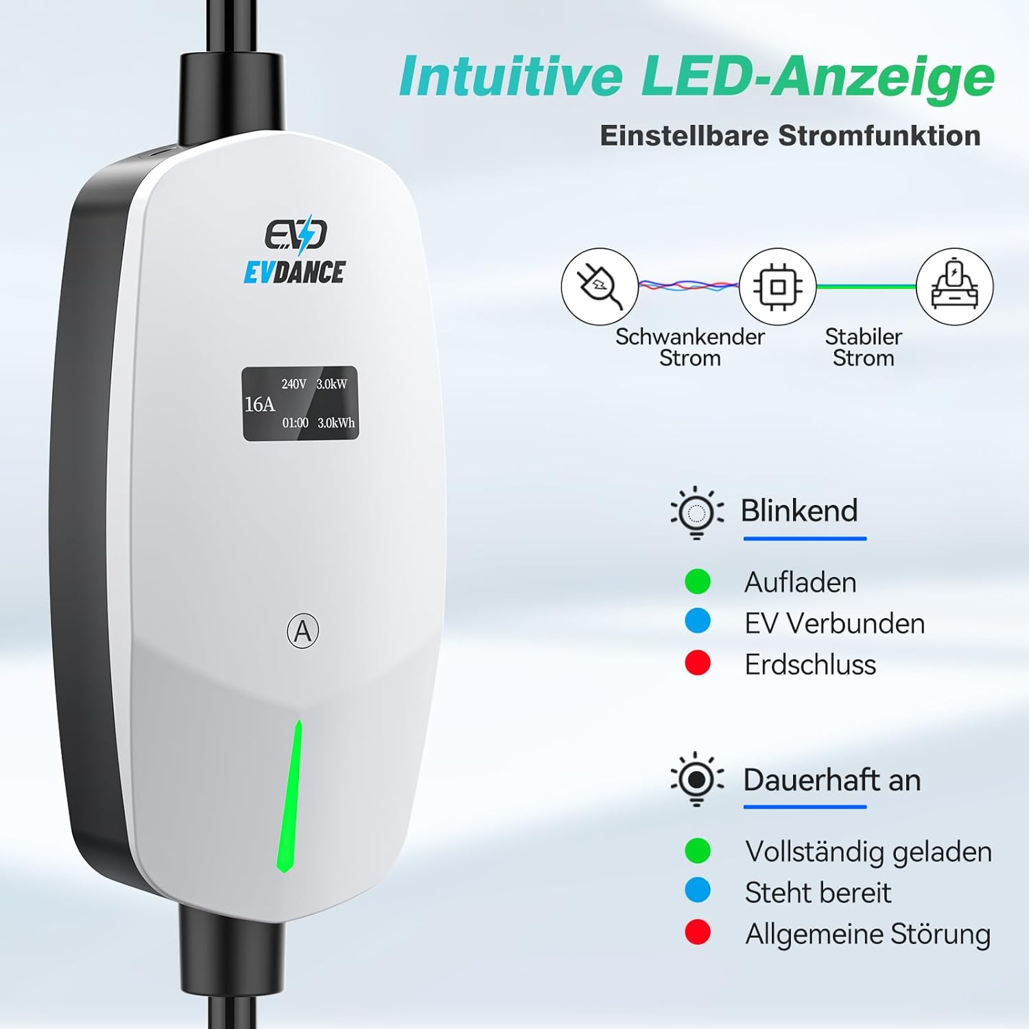 EVDANCE Portable EV charger Adjustable with OLED screen Type 2 Schuko