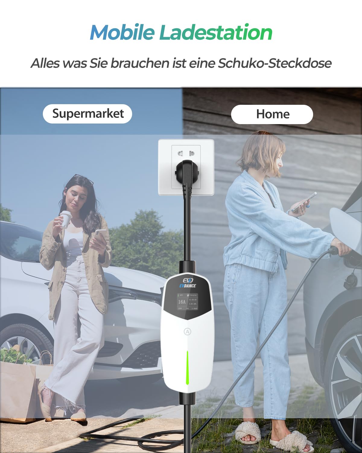 EVDANCE Portable Adjustable Type 2 Schuko EV Charger 16A 6.1M