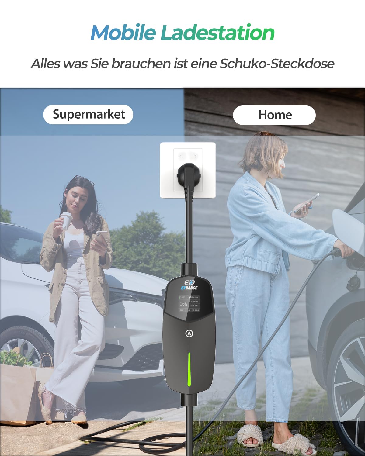 EVDANCE Portable Adjustable Type 2 Schuko EV Charger 16A 6.1M