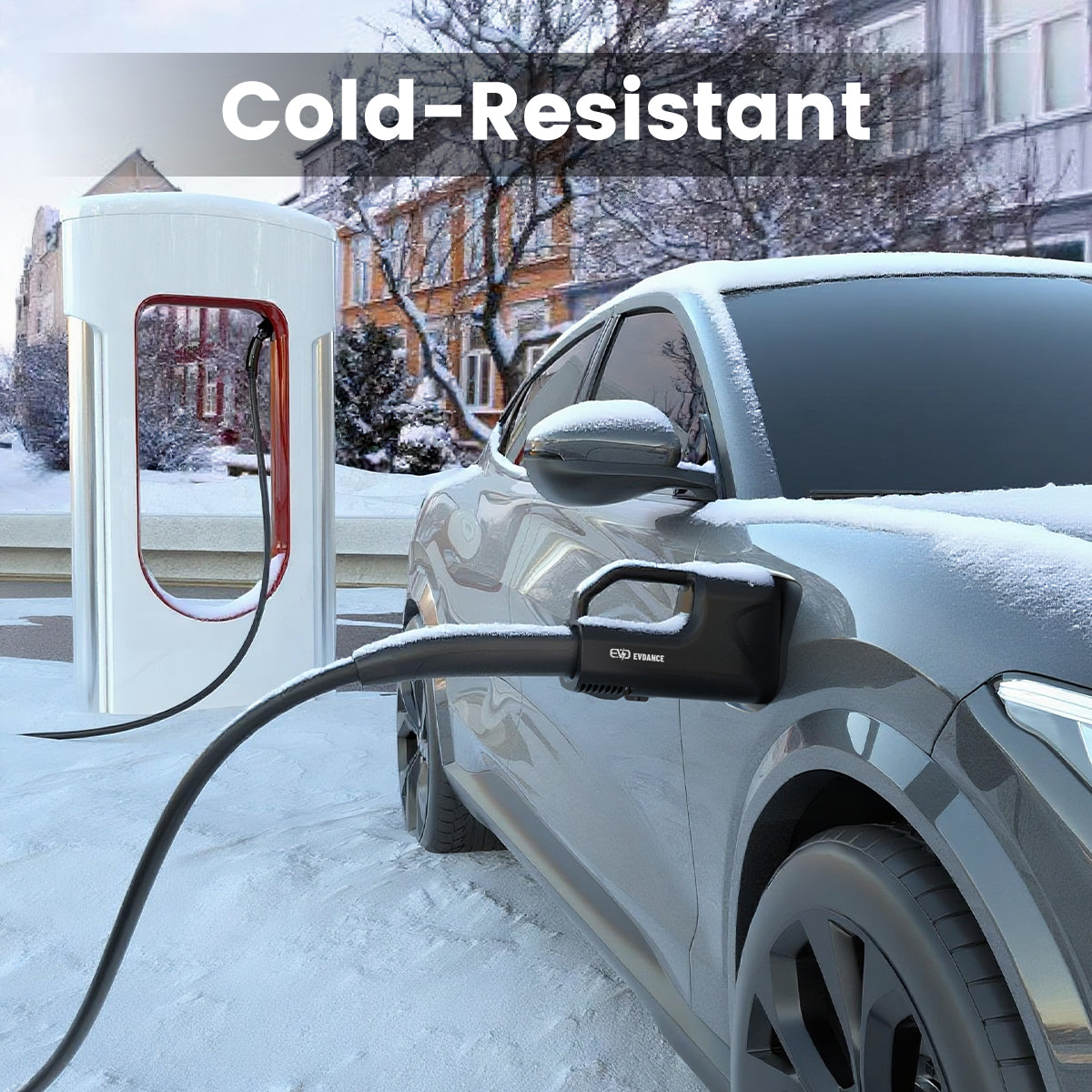 A BMW I4 being charged at a Tesla Super Charging Station in snowy weather using the EVDANCE Pulse Fusion NACS DC To CCS1 Adapter.