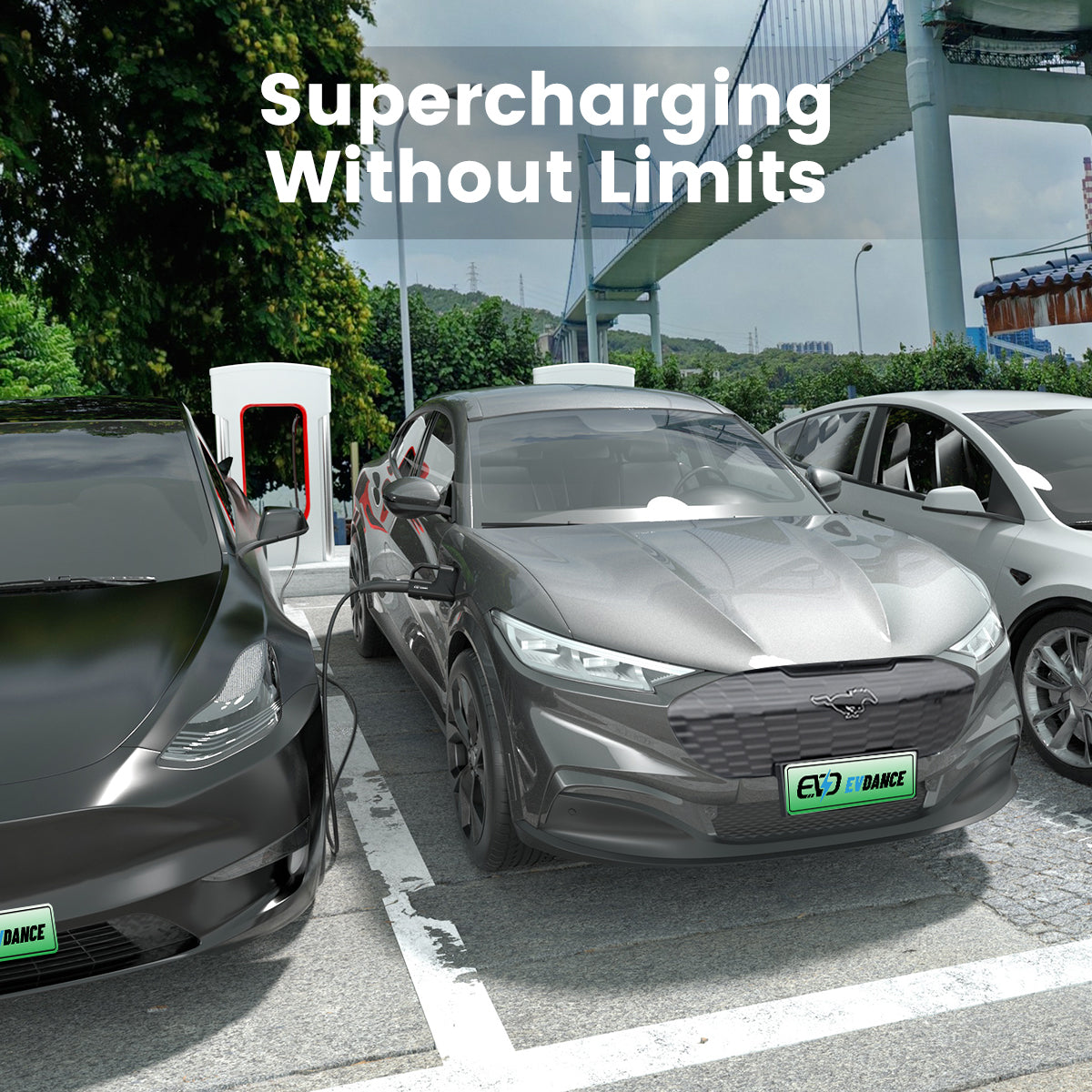 An EV6, a RIVIAN RT1 and a 2024 IONIQ6 are charging at the Tesla Super Charging Station using the EVDANCE Pulse Fusion NACS DC To CCS1 Adapter.