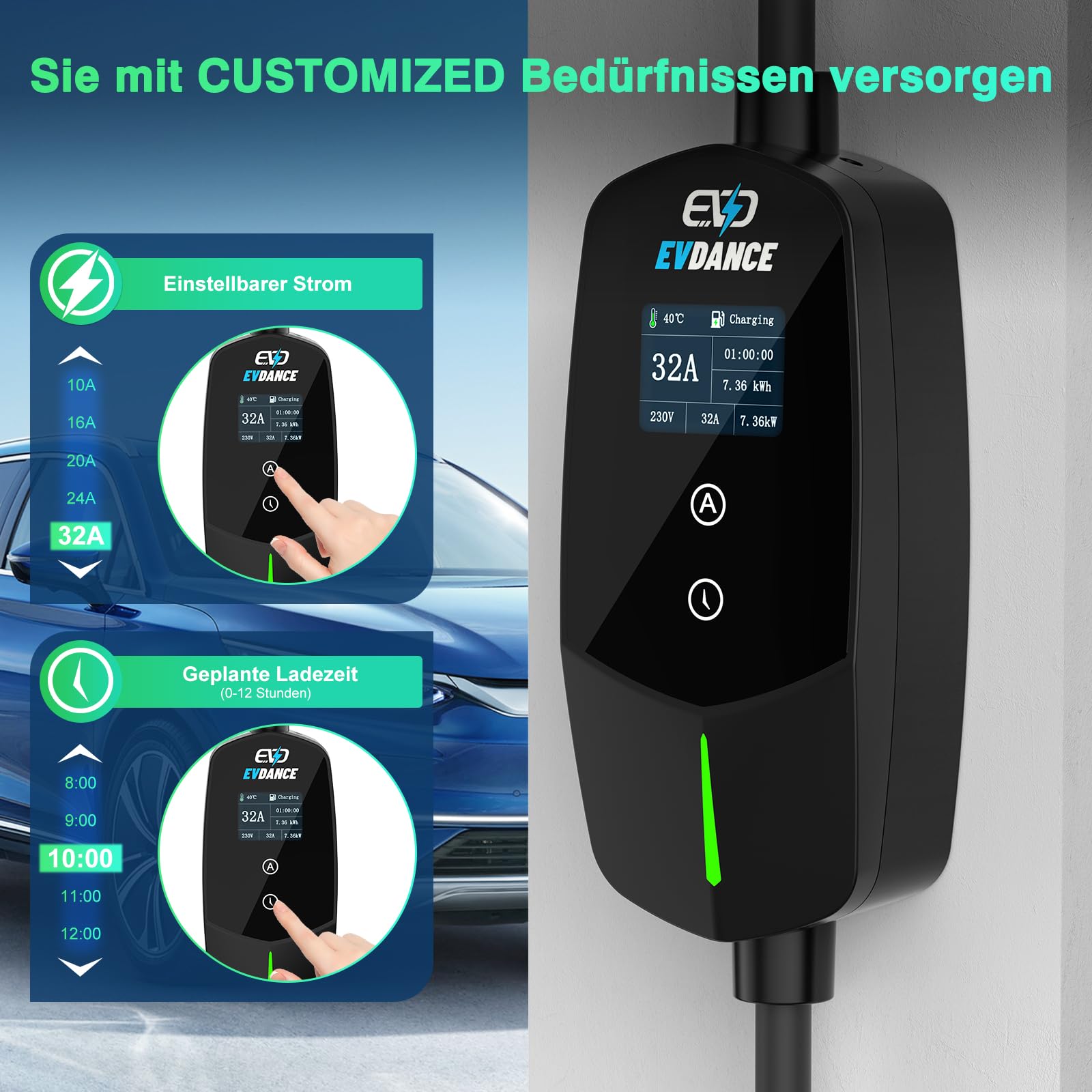 EVDANCE Tragbares/Wallbox Typ 2 Ladekabel Mit CEE Stecker 7.36kW, 1 Phase, 6.1m, 10/16/20/24/32A EINSTELLBAREM LADESTROM