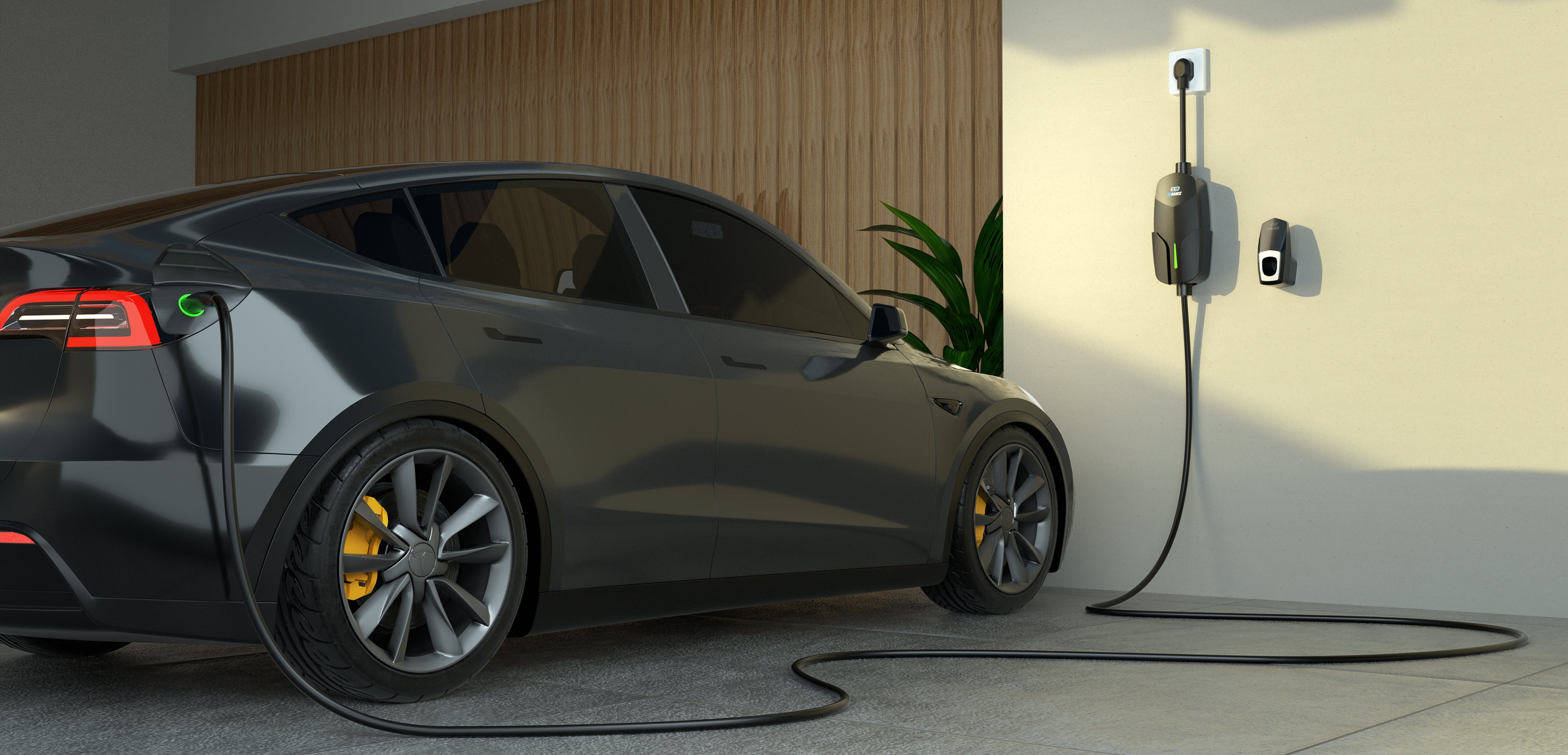 A Tesla Model Y parked in a garage being charged with the EVDANCE Portable EV Charger.