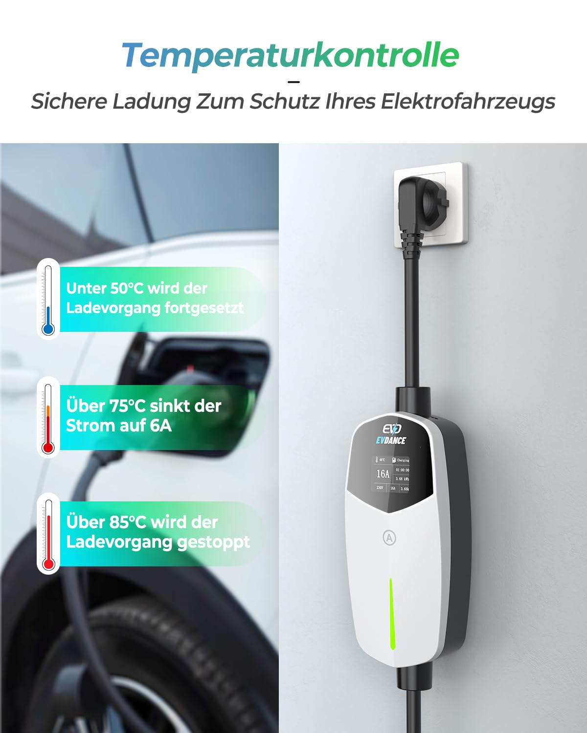 EVDANCE Portable Adjustable Type 2 Schuko EV Charger 16A 6.1M