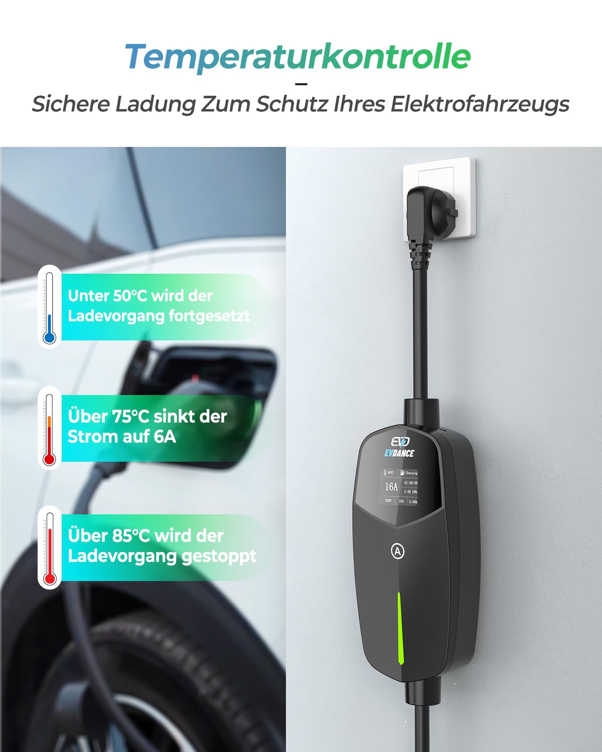 EVDANCE Portable Adjustable Type 2 Schuko EV Charger 16A 6.1M