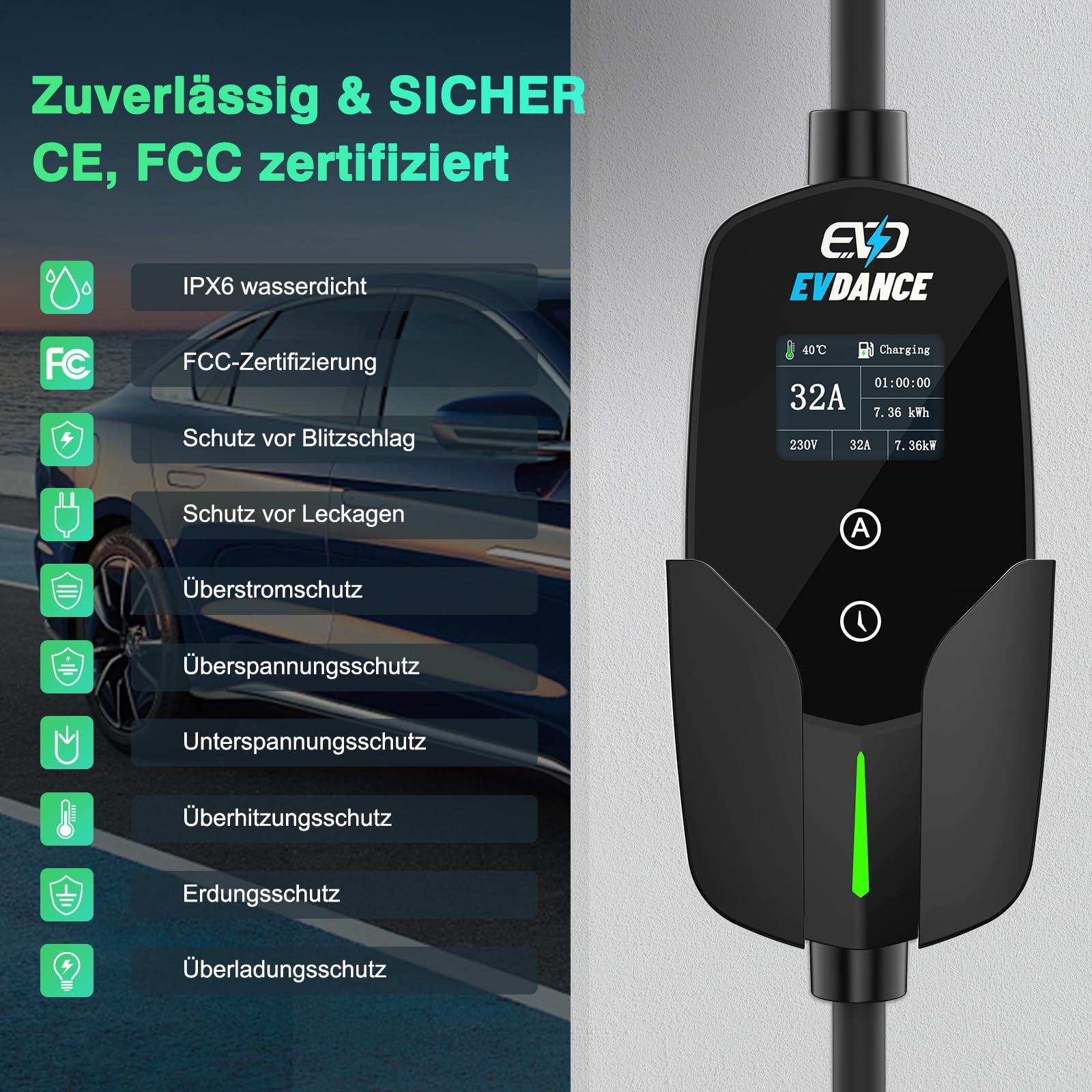 EVDANCE Tragbares/Wallbox Typ 2 Ladekabel Mit CEE Stecker 7.36kW, 1 Phase, 6.1m, 10/16/20/24/32A EINSTELLBAREM LADESTROM
