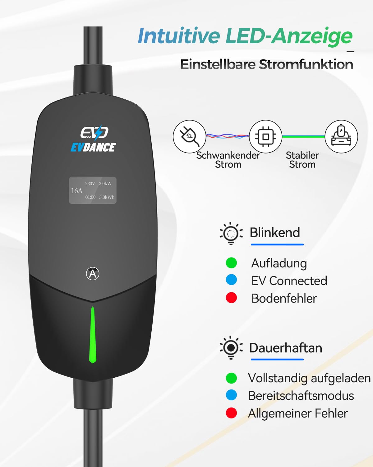 Tragbares EV-Ladegerät Verstellbar mit OLED-Bildschirm Typ 2 Schuko - EVDANCE