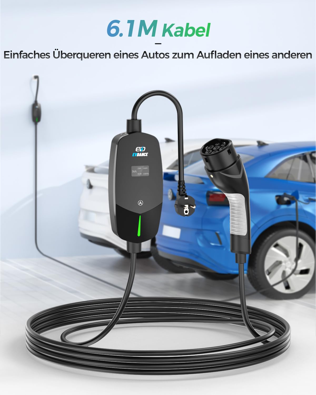 Tragbares EV-Ladegerät Verstellbar mit OLED-Bildschirm Typ 2 Schuko - EVDANCE