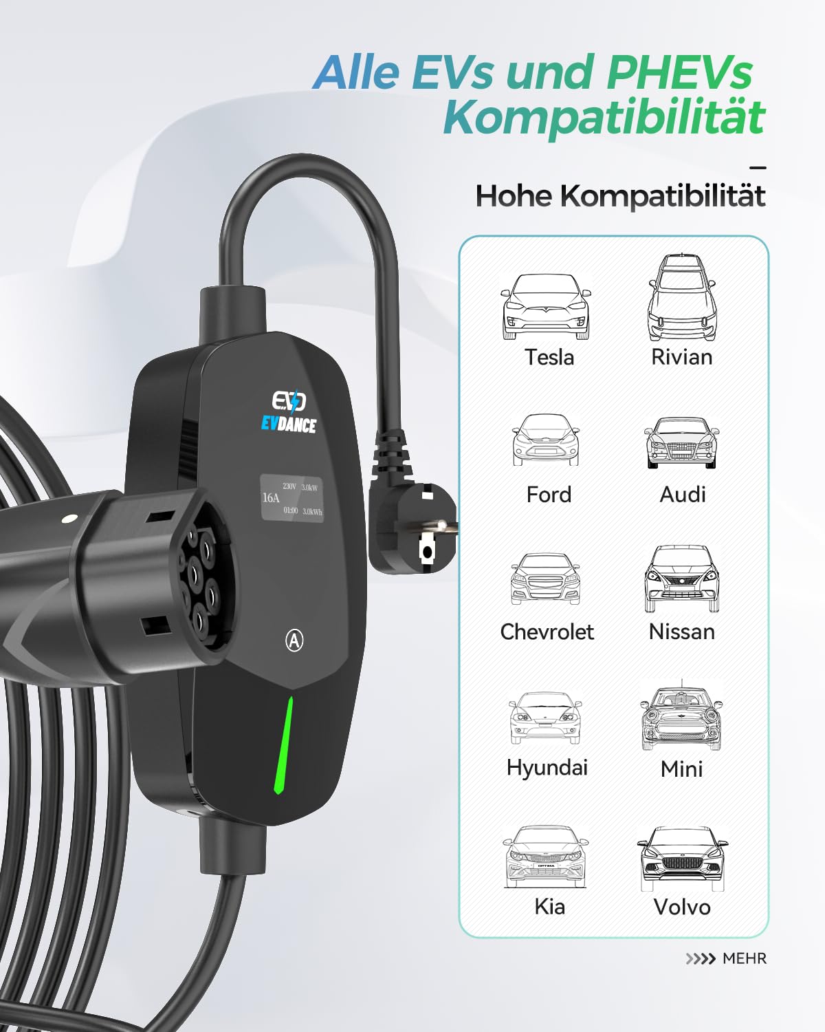 Tragbares EV-Ladegerät Verstellbar mit OLED-Bildschirm Typ 2 Schuko - EVDANCE