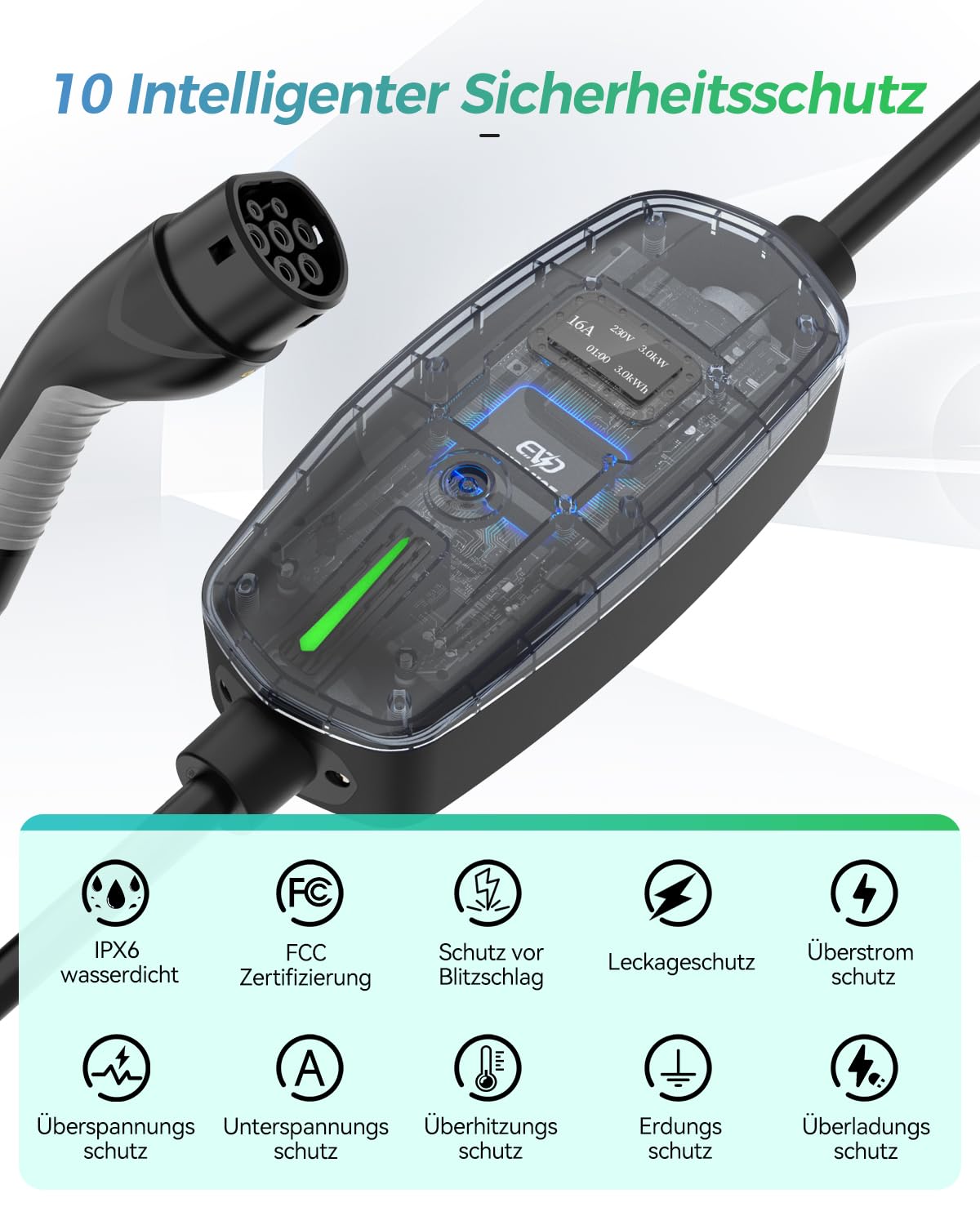 Tragbares EV-Ladegerät Verstellbar mit OLED-Bildschirm Typ 2 Schuko - EVDANCE