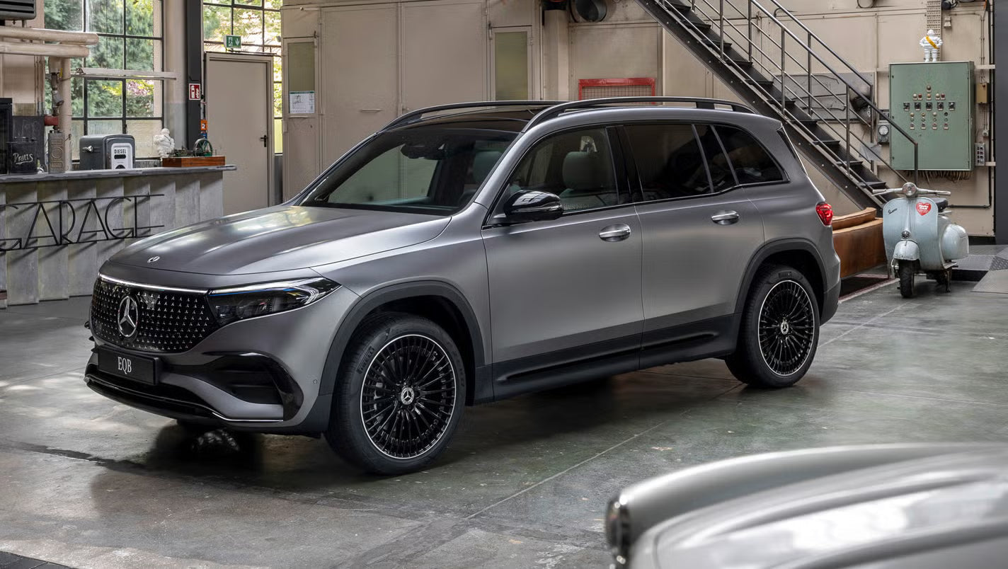 A brand new gray Mercedes EQB in the garage.