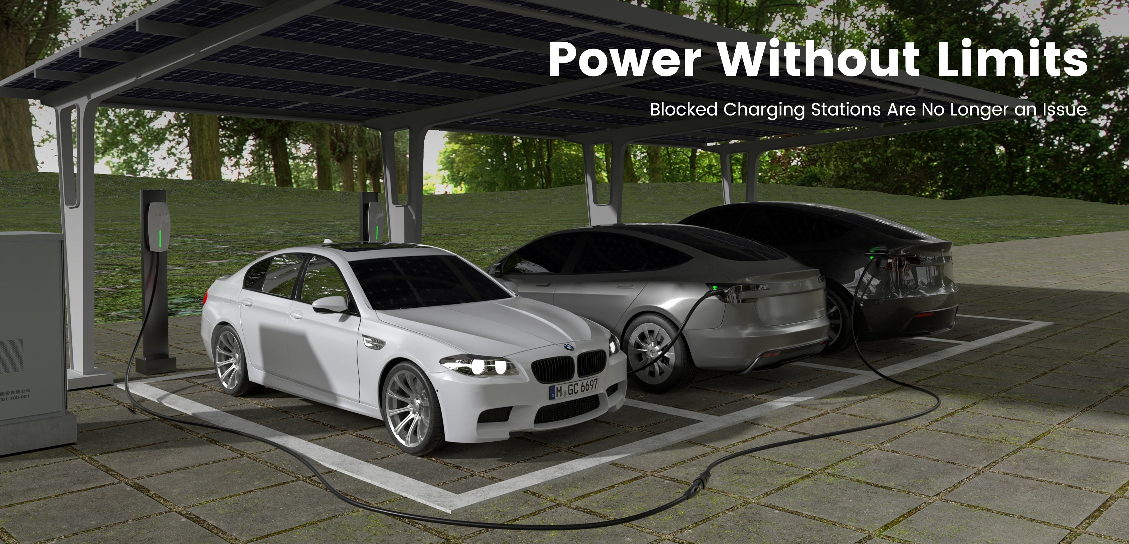 A Tesla Model Y being charged using an EVDANCE Tesla extension cord outside the original parking space occupied by a gasoline vehicle