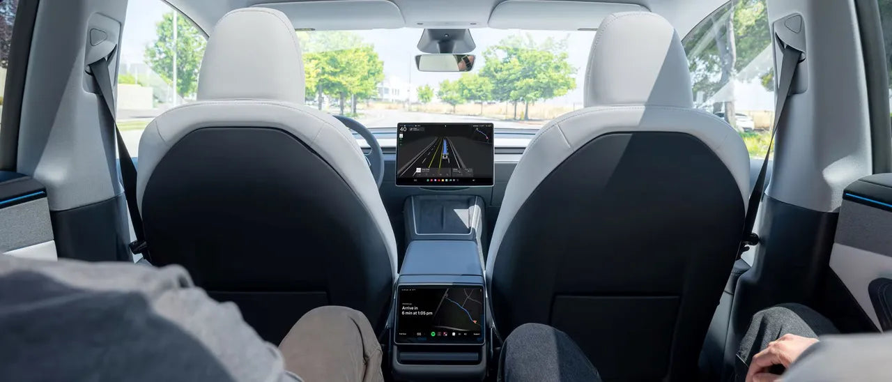 Two man in the backseat with Tesla self-driving.