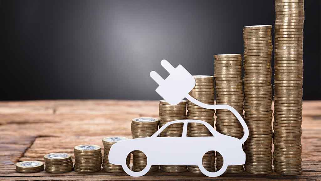 Electric car silhouette with coins symbolizing cost savings.
