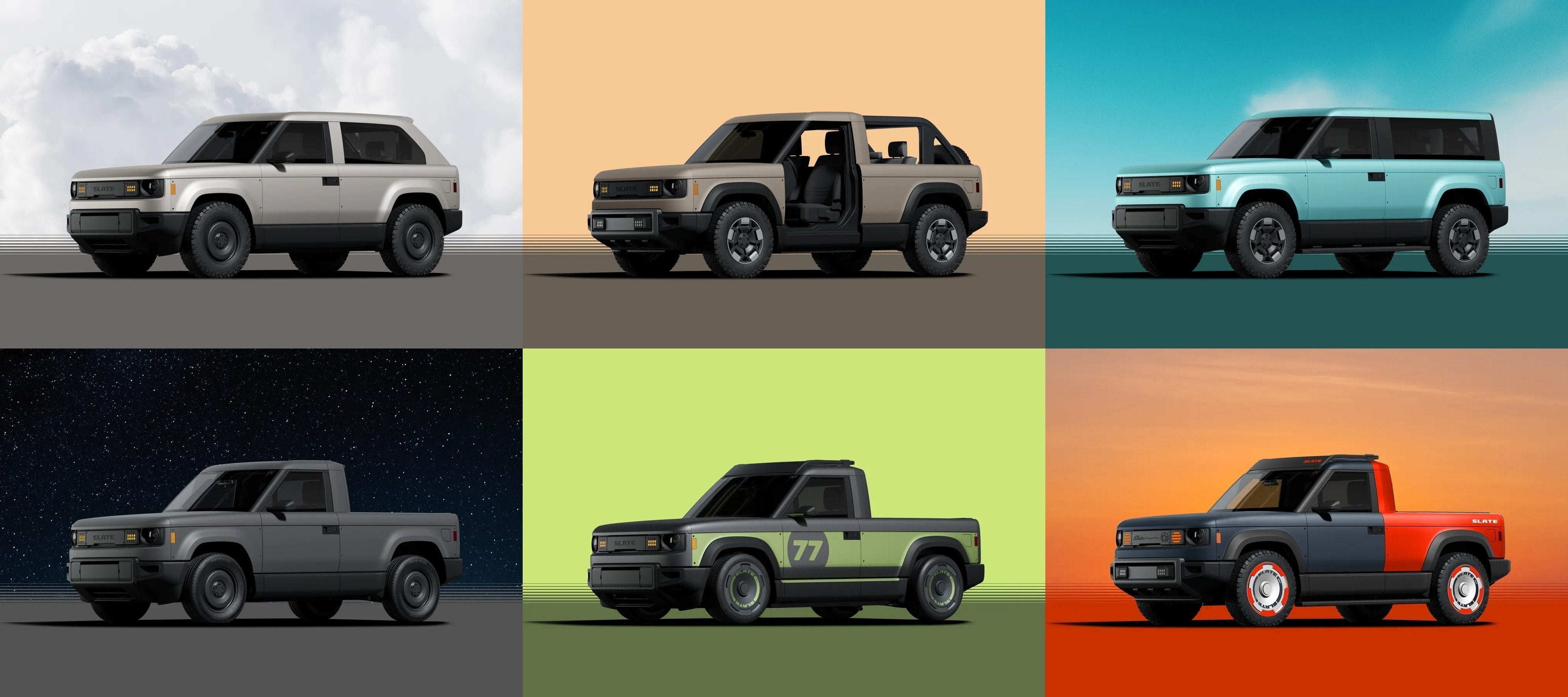 Different kinds of customized Slate Trucks.