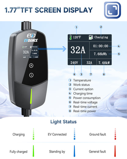 EVDANCE 240V 32A J1772 Portable Home 2 in 1 EV Charger