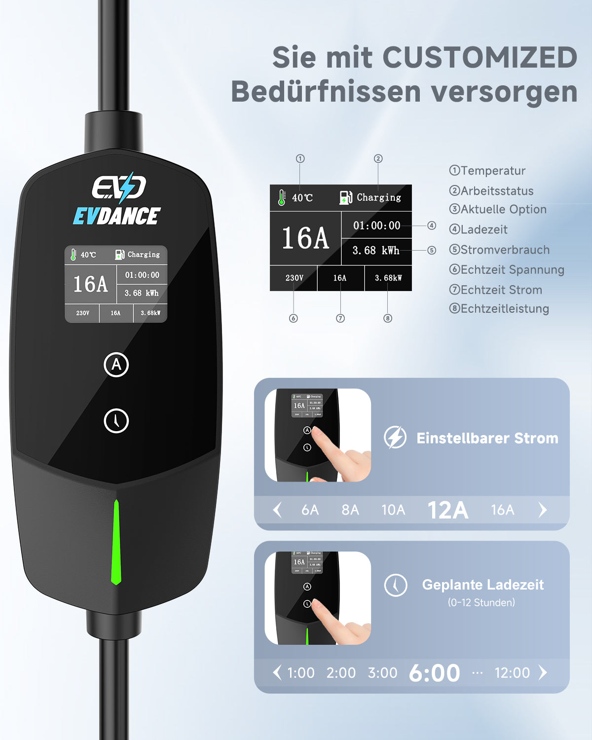 EVDANCE Portable Type2 16A 230V EV Charger Adjustable With 1.77 Screen