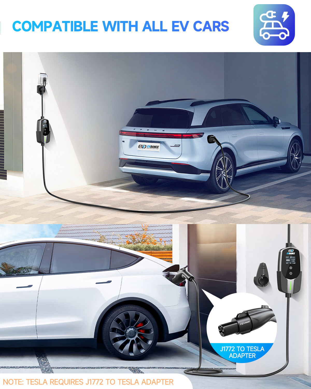 EVDANCE 240V 40A Portable Home 2 in 1 Electric Vehicle EV Charger