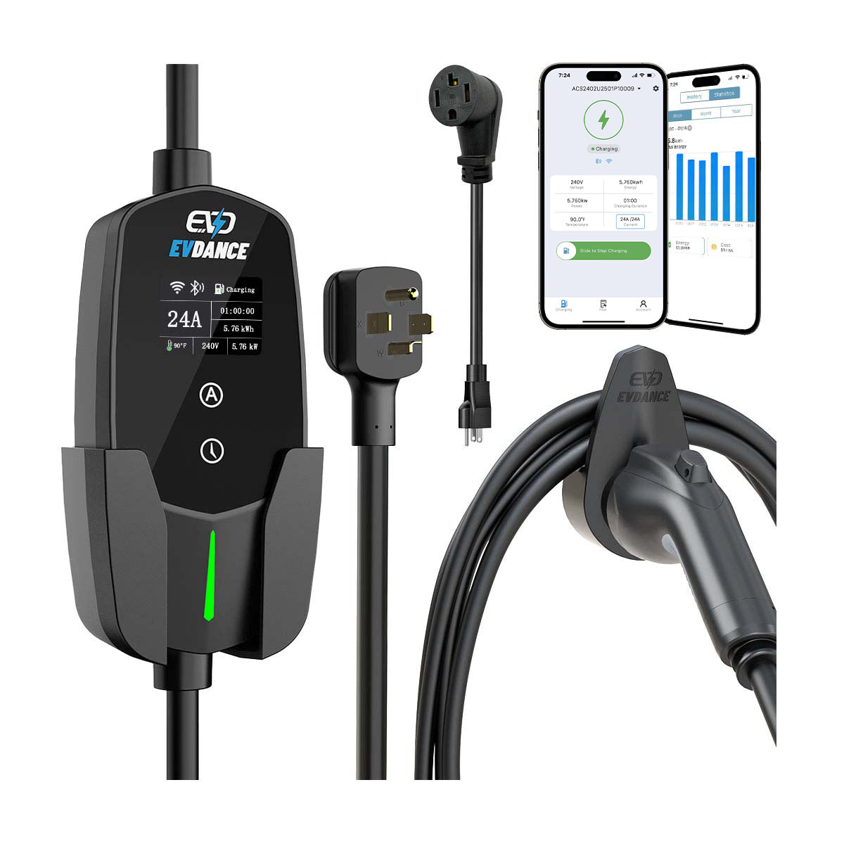 EVDANCE Level 2 NEMA 14-30 24A J1772 Portable EV Charger