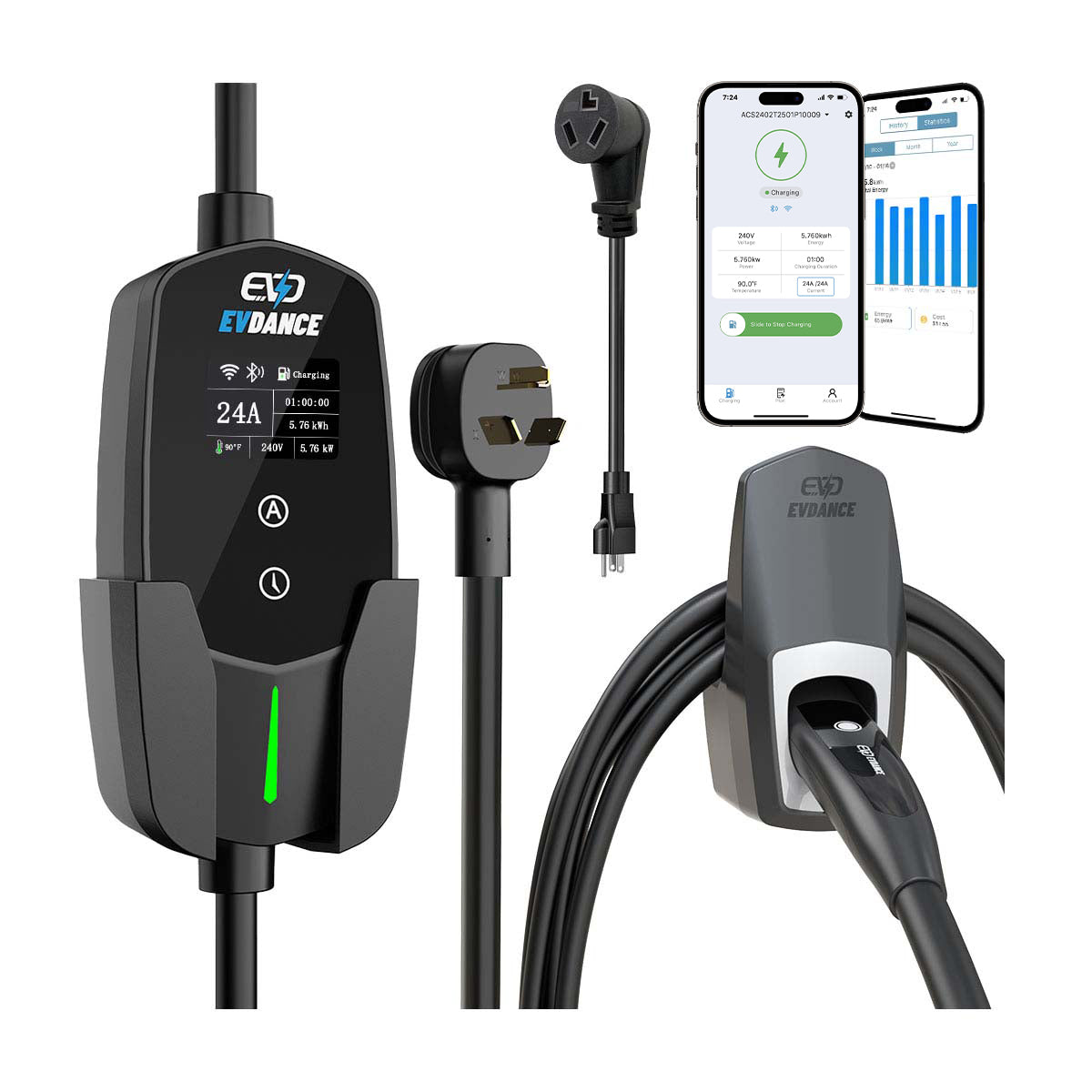 EVDANCE Level 2 NEMA 10-30 24A NACS Portable EV Charger