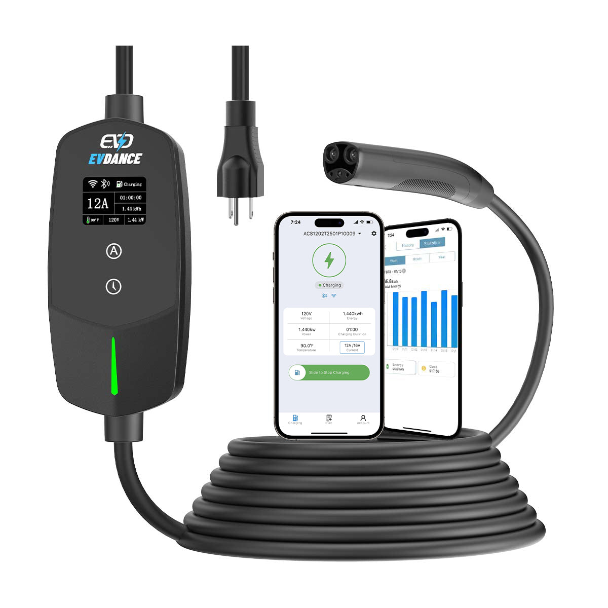 EVDANCE Flux Level 1 NEMA 5-15 Plug 12A NACS Portable EV Charger