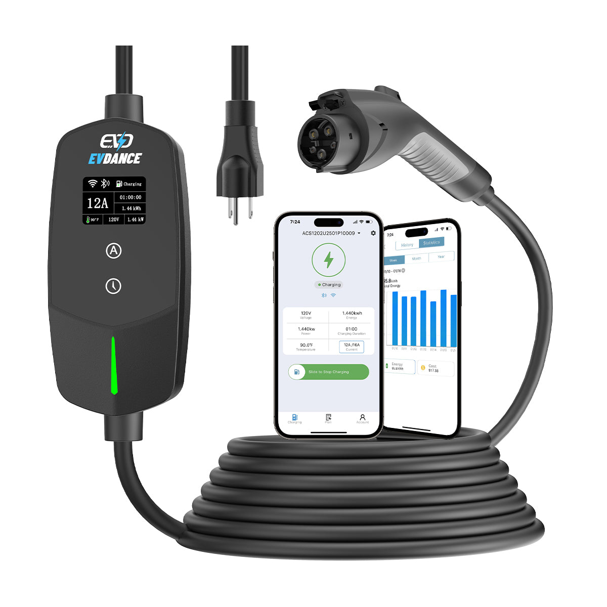 EVDANCE Flux Level 1 NEMA 5-15 Plug 12A J1772 Portable EV Charger