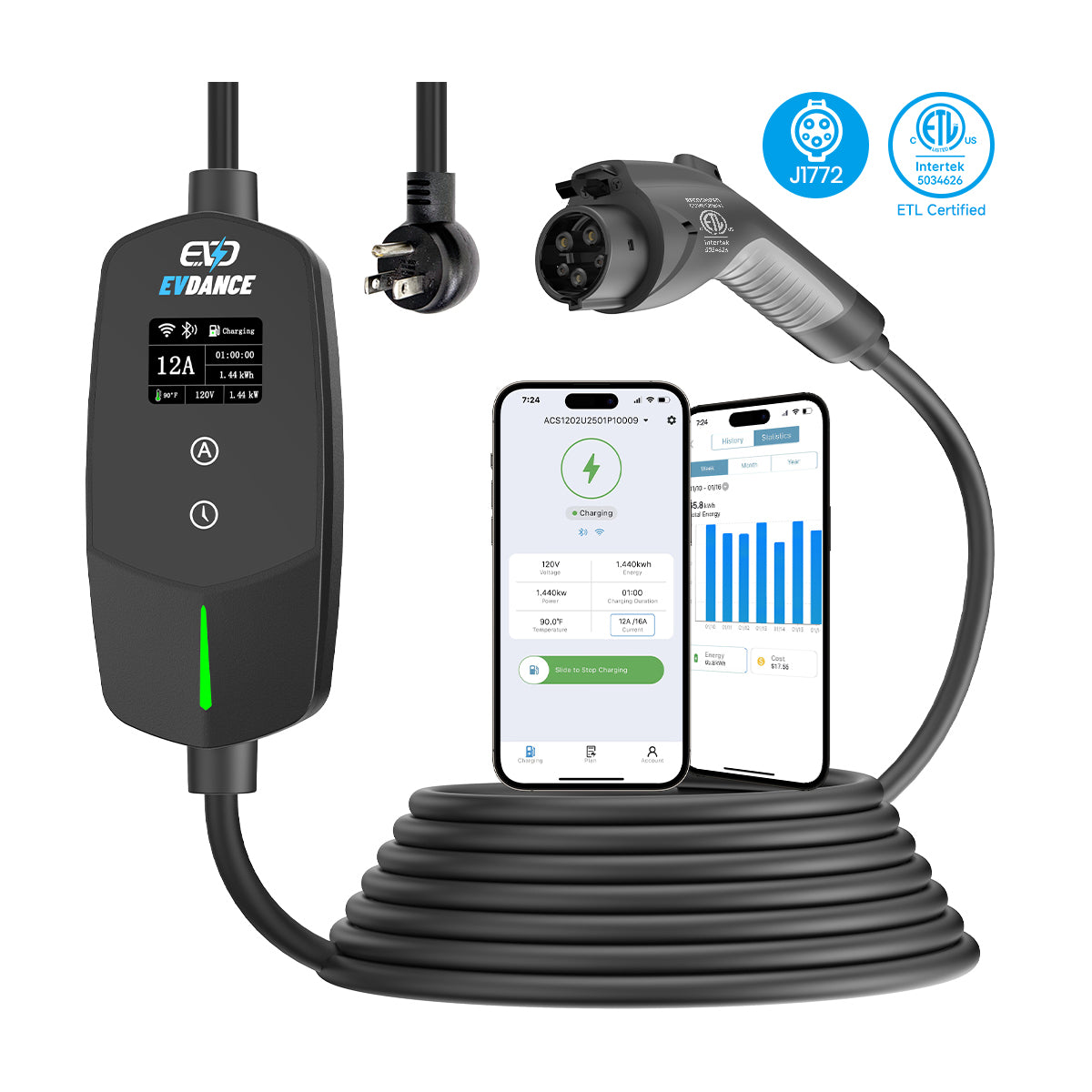 EVDANCE Flux Level 1 NEMA 5-15 Plug 12A J1772 Portable EV Charger