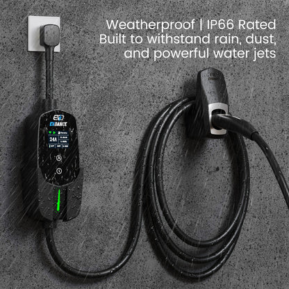 The EVDANCE Level 2 NEMA 14-30 Plug 24A Tesla  Portable Electric Vehicle (EV) Charger Weatherproof | IP66 Rated, built to withtand rain, dust and powerful water jets.
