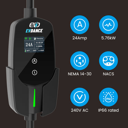 The EVDANCE Level 2 NEMA 14-30 Plug 24A AC 240V NACS Portable Electric Vehicle (EV) Charger - IP66 rated