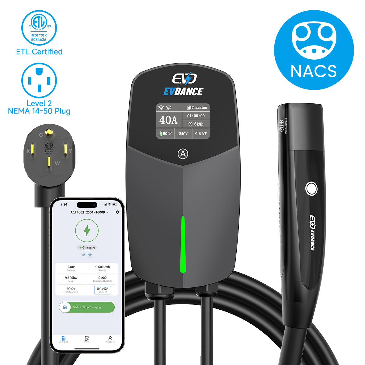 EVDANCE Level 2 EV Charger NEMA 14-50 NACS Wall-mounted Plug In - 50A