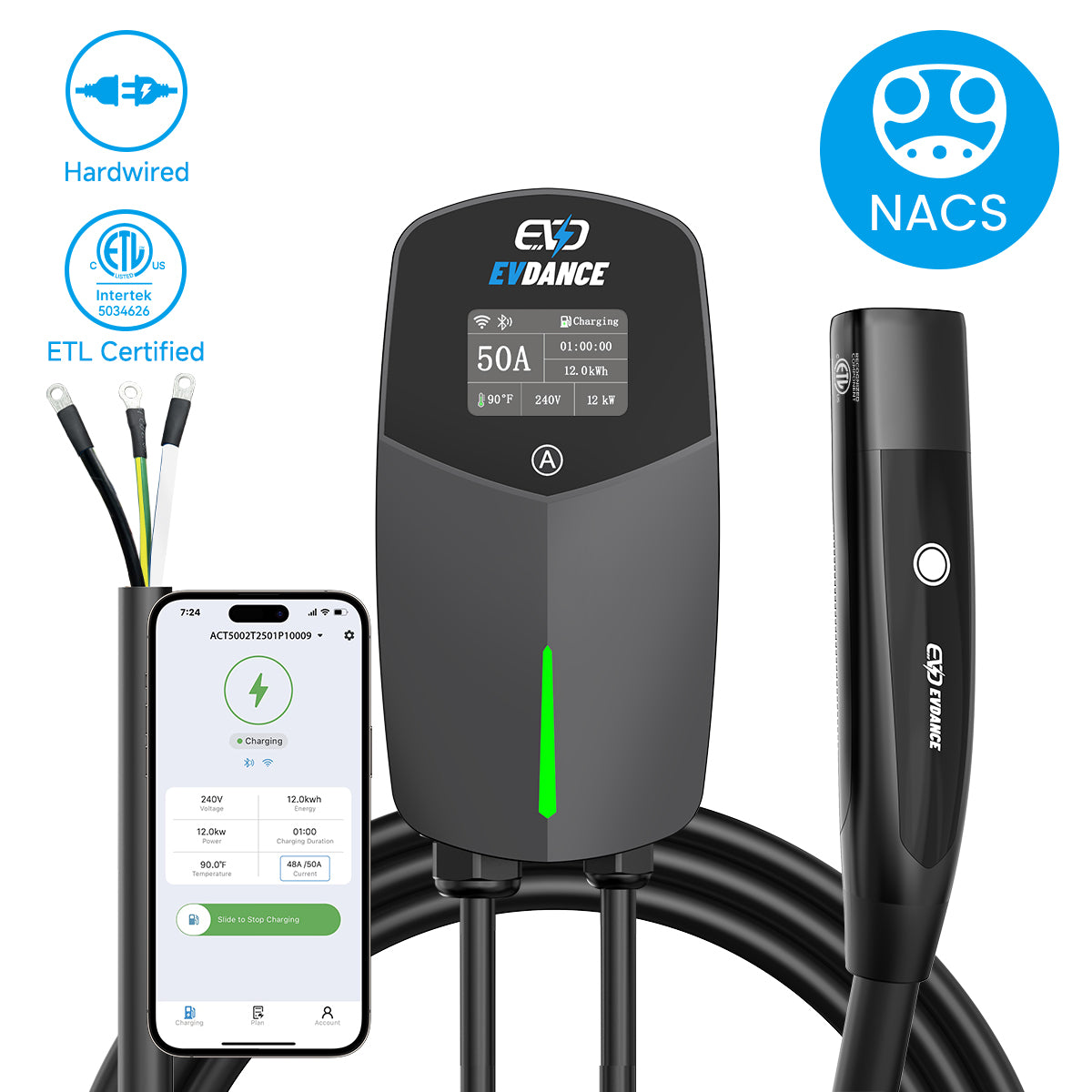 EVDANCE Flux Pro Home Level 2 NACS/Tesla  EV Charging Station Wifi Enabled ETL Certified