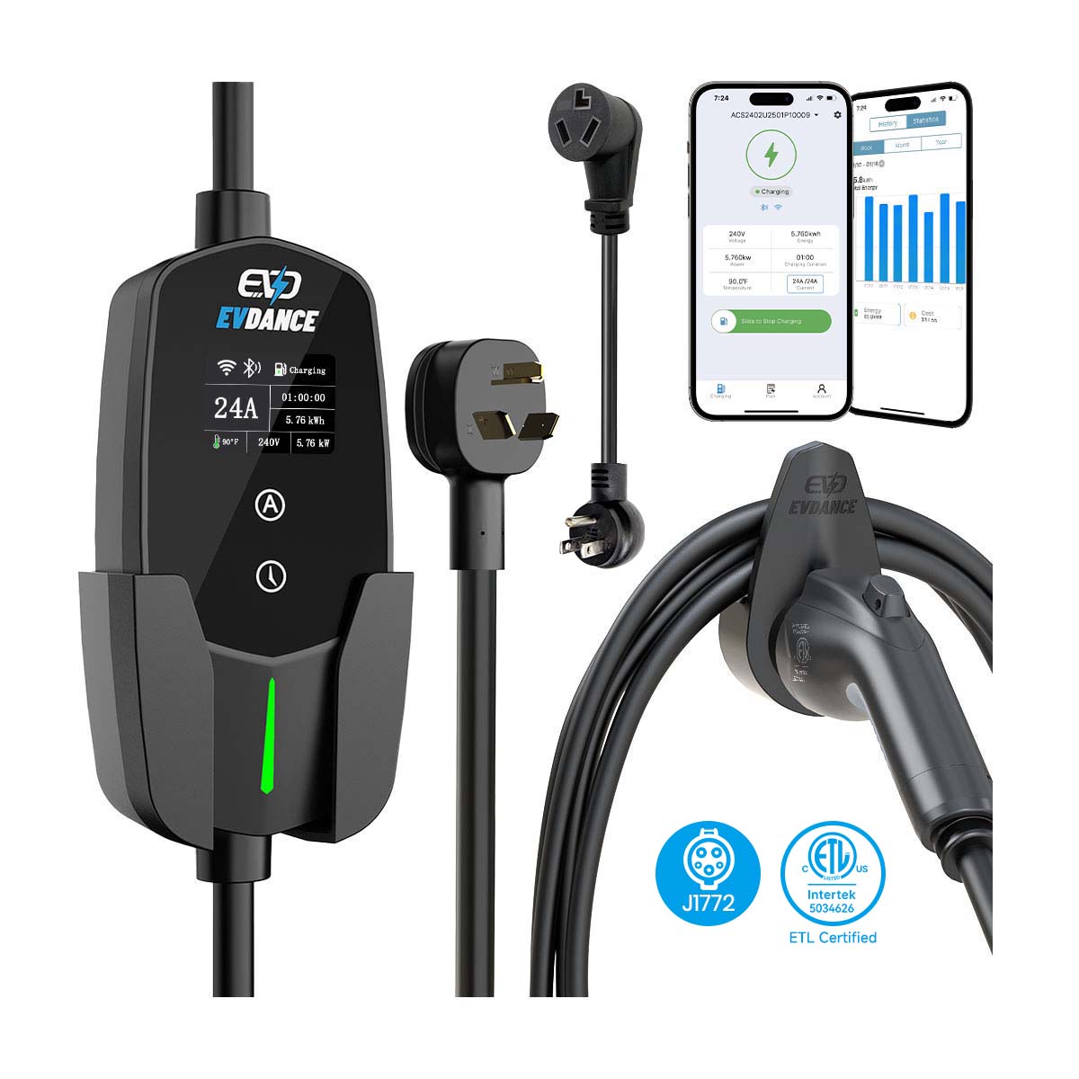 EVDANCE 240 V 40 A Tragbares 2-in-1-Ladegerät für Elektrofahrzeuge 