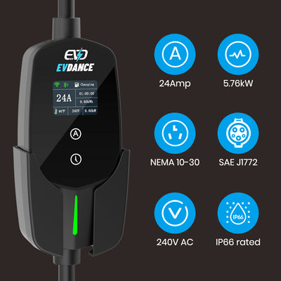 The EVDANCE Level 2 NEMA 10-30 Plug 24A AC 240V J1772 Portable Electric Vehicle (EV) Charger - IP66 rated