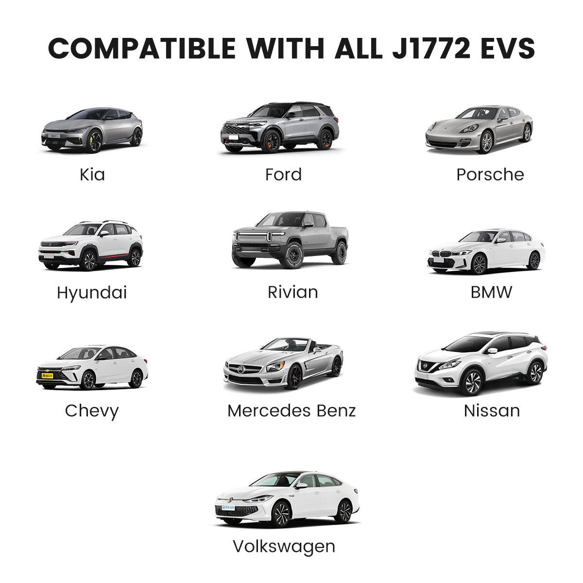 The EVDANCE Level 2 NEMA 10-30 Plug 24A J1772 Portable EV(Electric Vehicle) Charger compatible wit all J1772 EVs((Electric Vehicles) include KIA, FORD, PORSCHE, Hyundai, Rivian, BMW, Chevy, Mercedes Benz, Nissan, and Volkswagen.