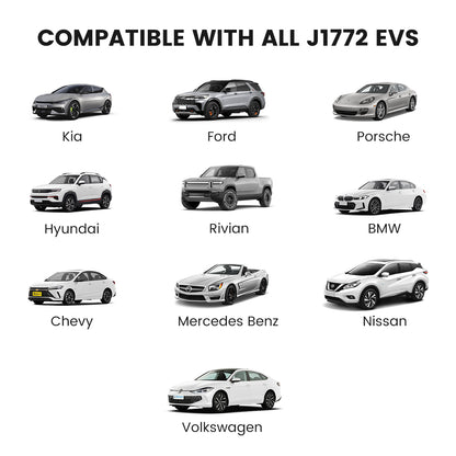 The EVDANCE Level 2 NEMA 10-30 Plug 24A J1772 Portable EV(Electric Vehicle) Charger compatible wit all J1772 EVs((Electric Vehicles) include KIA, FORD, PORSCHE, Hyundai, Rivian, BMW, Chevy, Mercedes Benz, Nissan, and Volkswagen.