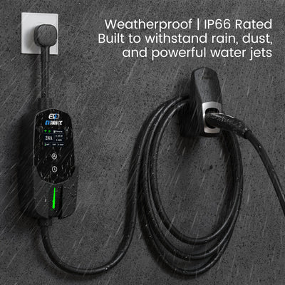 A EVDANCE Level 2 NEMA 10-30 Plug 24A Portable IP66 EV Charger Charging the Tesla Model Y in a Light Rain.